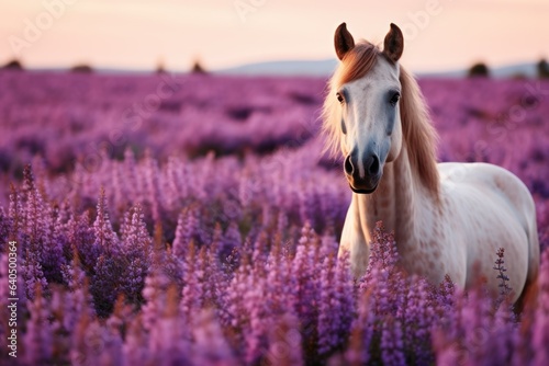 Equine Serenity: Horse Grazing in a Lavender-Filled Meadow 