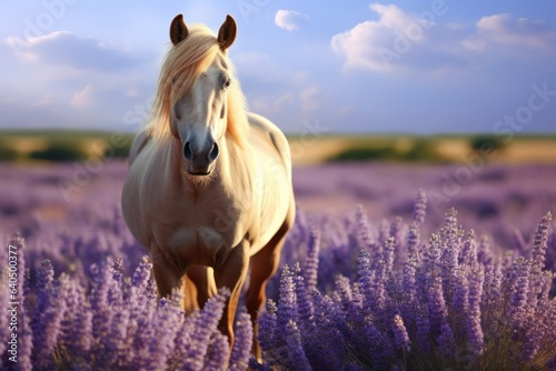 Majestic Harmony: Horse in a Lavender Field with Purple Flowers 