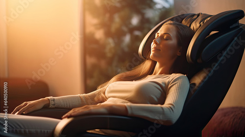 A woman relaxing on the massage chair in the living room. electric massage chair. Generative Ai