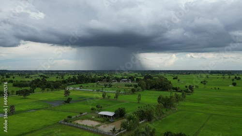 4K high-angle video, drone footage, rain clouds, rural landscape.