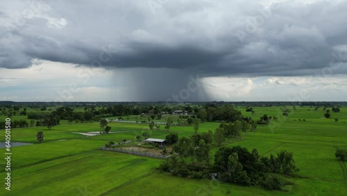 4K high-angle video, drone footage, rain clouds, rural landscape.