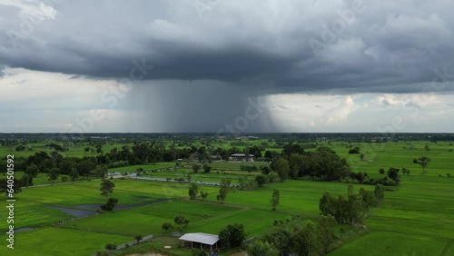 4K high-angle video, drone footage, rain clouds, rural landscape.
