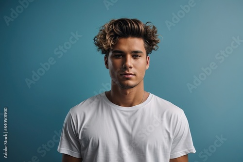 Young man in white t-shirt posing isolated on blue wall background studio portrait