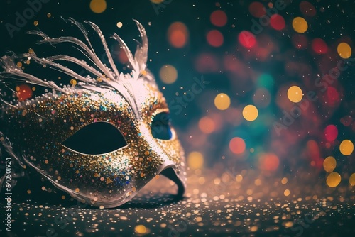 carnival mask for the holidays in brazil and latin america, black background defocused lights © rodrigo