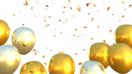 3d render of golden balloons and confetti falling on transparent background, anniversary, birthday or wedding celebration