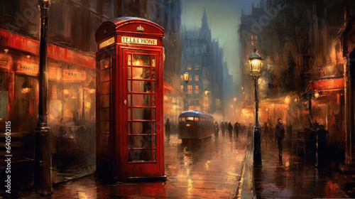A red telephone booth stands on a city street