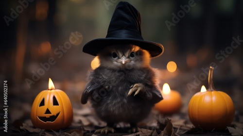 a photograph of cute chicken use witch hat for halloween celebration generative ai © Leaf