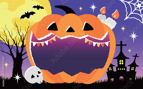 コピースペースのあるポップな手描き風の大きい口のパンプキンハロウィンタイトルフレーム・背景素材_紫・夜