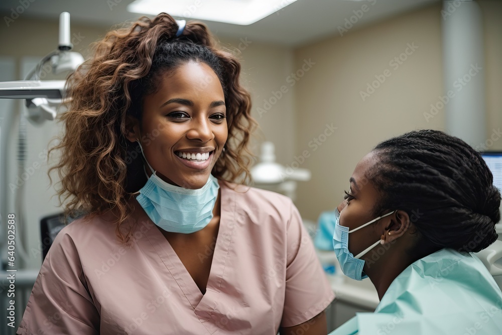 Smiling dentist with face mask talking to Black woman during dental procedure at dental clinic Smiling dentist with face mask talking to Black woman during dental procedure at dental clinic
