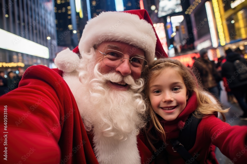 wide angle selfie picture taken with a pocket camera of a happy little girl and santa claus looking at the camera in New York City street wide angle selfie picture taken with a pocket camera of a happy little girl and santa claus looking at the camera in New York City street