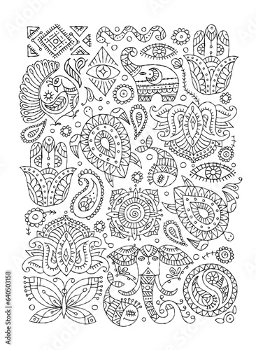 Indian vintage ornament for your design. Esoteric and animals, design elements, Vertical card design. Colouring page