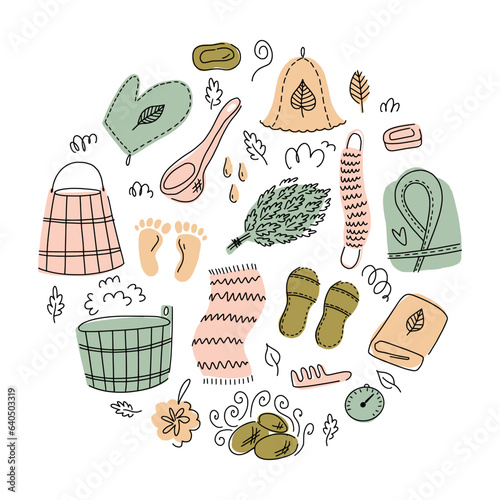 Vector round pattern of elements and objects for sauna and bathhouse, hand-drawn in the style of doodles.