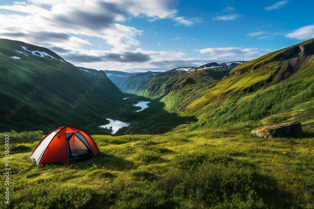 A lonely camp tent in a lovely wild landscape