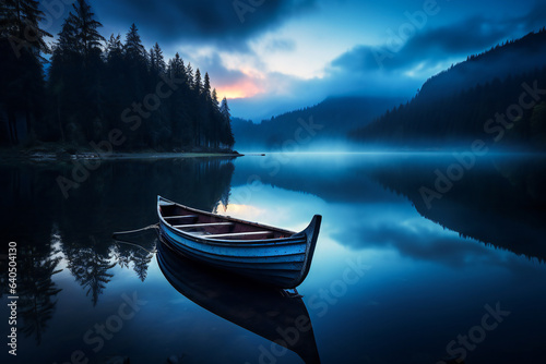 A quiet landscape with a lonely anchored boat on a calm lake