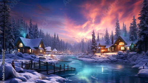 雪に覆われた村と夜空に舞うオーロラの風景