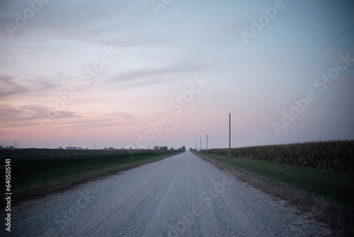 Looking down country road at sunset