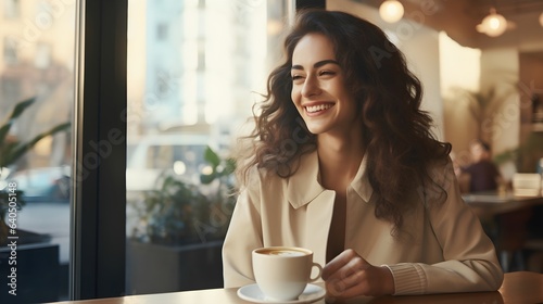 Woman sitting with coffee cups on the table having fun.