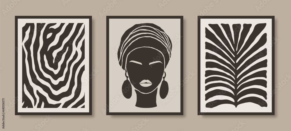 Abstract Vector Posters with African Woman, Palm Leaf and Zebra Stripes. Modern Art Print in Minimalist Style.