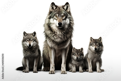 Image of family group of wolfs on white background. Wildlife Animals. Illustration, Generative AI.