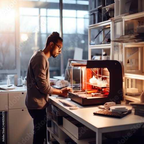 Obraz na płótnie An engineer prints a prototype model on a 3d printer in a laboratory using equipment. Creativity, technology and 3d printing concept.