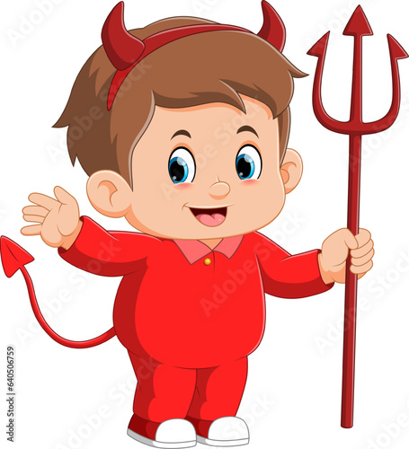 Cartoon little boy in costume devil holding a lucifer