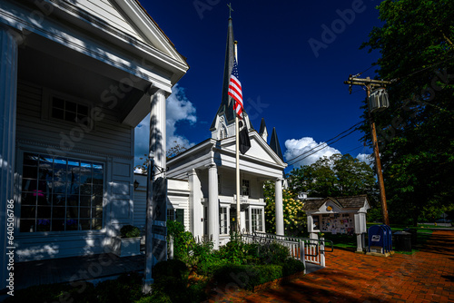 Old Post Road in Bedford Village Historic District on a sunny summer day; Bedford, NY, USA