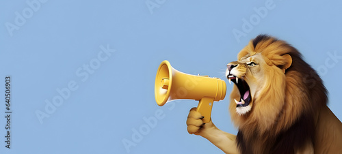 Lion announcing using hand speaker. Notifying, warning, announcement