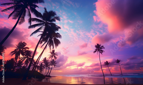 Silhouette of palm trees on beach at sunset.