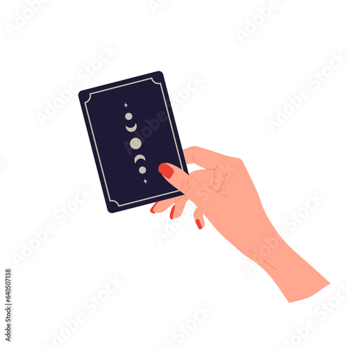 Hand holding tarot card with boho moon. Female fortune teller predicting future. Magic and esoteric. Vector illustration in flat cartoon style.