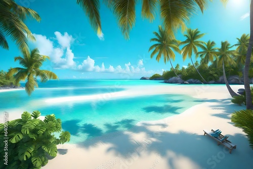  a vibrant 3D rendering scene of a tropical paradise beach with turquoise waters, powdery white sand, and palm trees swaying in the breeze.