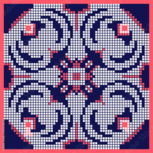 Square Ethnic Patterns can be used for backgrounds, Clothing, Fabric, Batik, Knitwear, Embroidery, Ikkat, Pixel pattern. Traditional design.