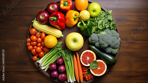 A circular arrangement of fruits and vegetables