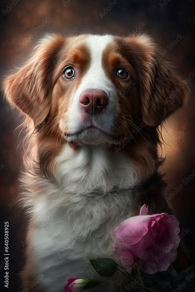 very beautiful blue-eyed puppy in a photo session, with pink roses