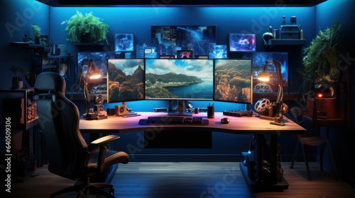modern gaming room with LGB shining light and gaming set 