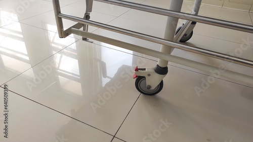 Health and Medical Photography. Photo of patient bed wheels. Wheels are placed at the end of the patient's bed to facilitate patient mobilization. Bandung - Indonesia