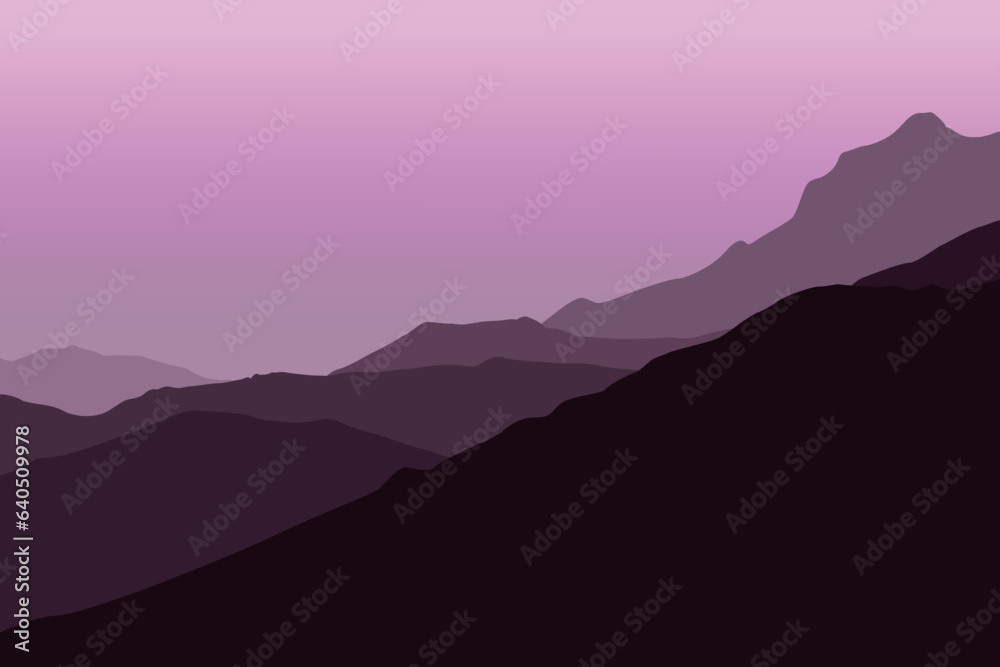 Obraz premium Landscape with mountains. Vector illustration in flat style with purple color.