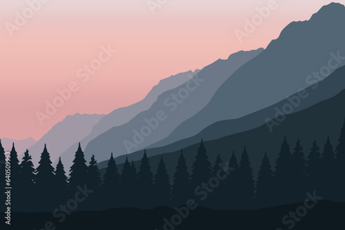 Landscape with mountains and pine forest. Vector illustration in flat style.