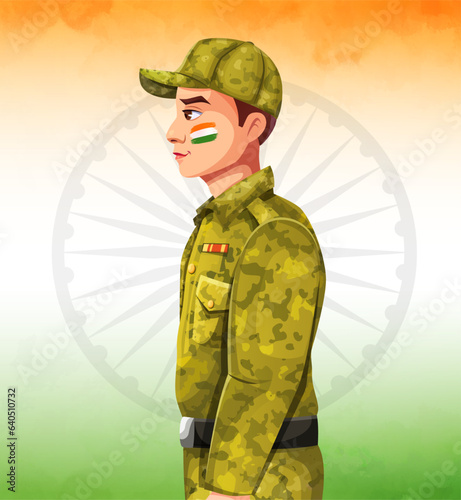 Stock vector illustration of the Indian Soldier in front of flag of India in background. Patriotism concept