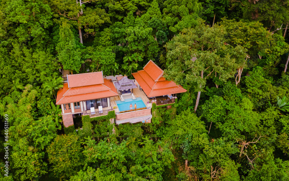 a couple of men and a woman on a luxury vacation at a pool villa in Thailand, a couple on honeymoon at a tropical island in Thailand a couple of men and a woman on a luxury vacation at a pool villa in Thailand, a couple on honeymoon at a tropical island in Thailand