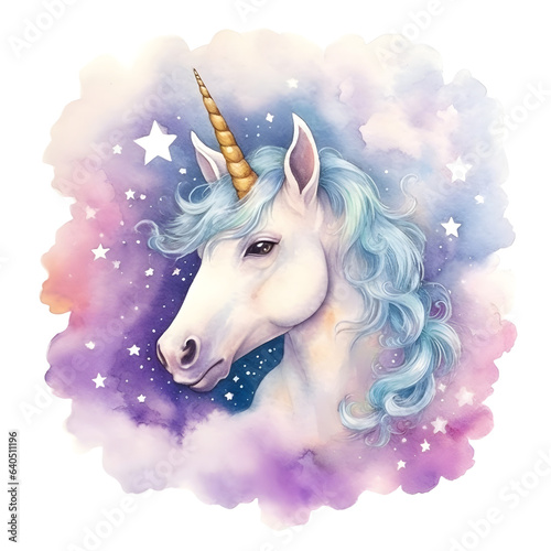 Cute watercolor unicorns isolated on a white background. Design for baby shirt design  nursery decor  card making  party invitations  logos  greeting cards  posters  D.I.Y. and other. 