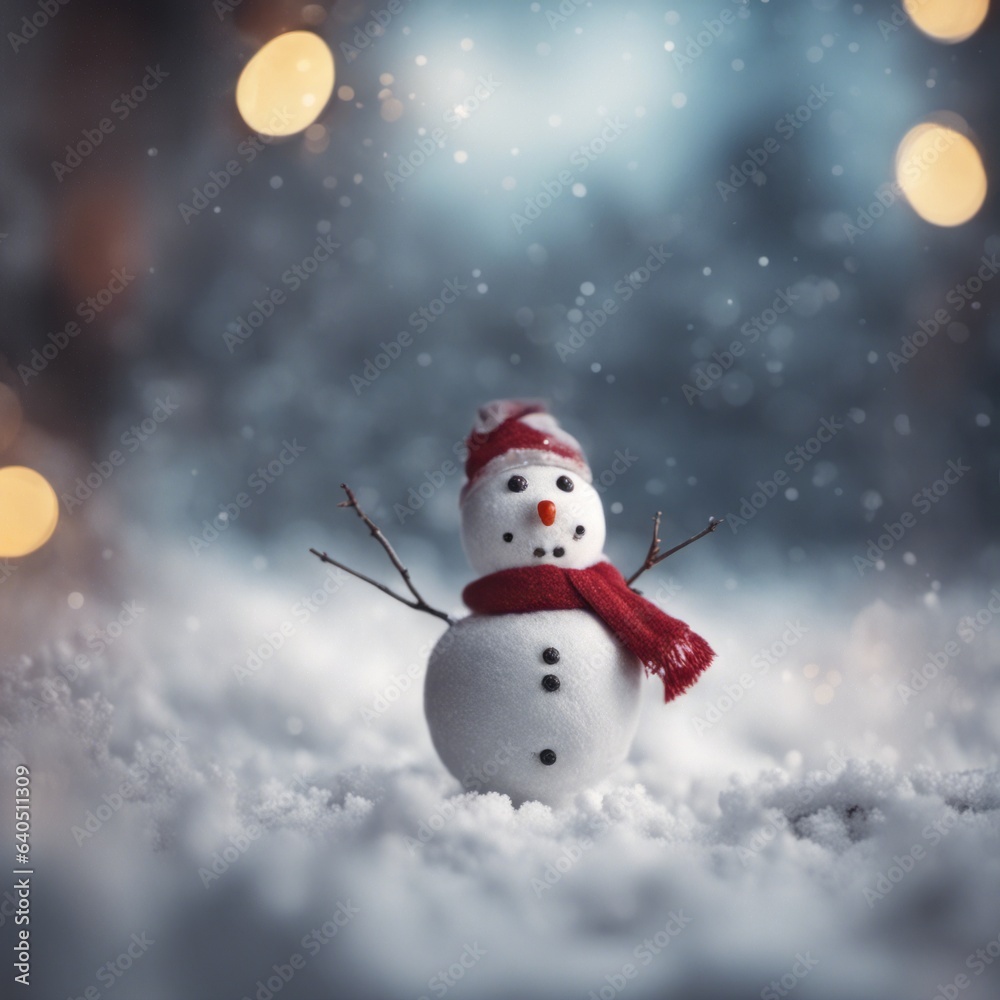 Merry Christmas Background With a Cute Snowman Outdoors in Winter