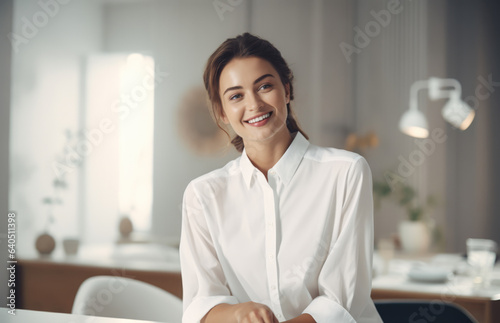 Young woman in a white blouse smiling in a home scene.