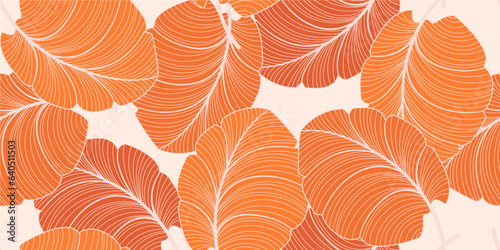 Autumn Leaves Seamless Pattern. Luxurious Linear Leaves pattern in Orange Autumn Colors. Fall Seasonal Background Floral Design for Textile, Prints, Fabric, wallpaper. Vector