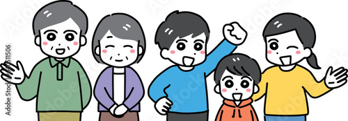笑顔の老夫婦と子供のいる若い家族の5人(上半身)	