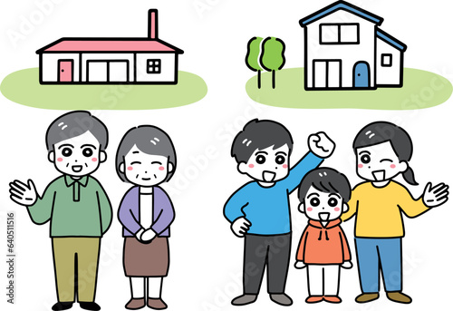 老夫婦2人の家と子供のいる若い3人家族の家(全身)