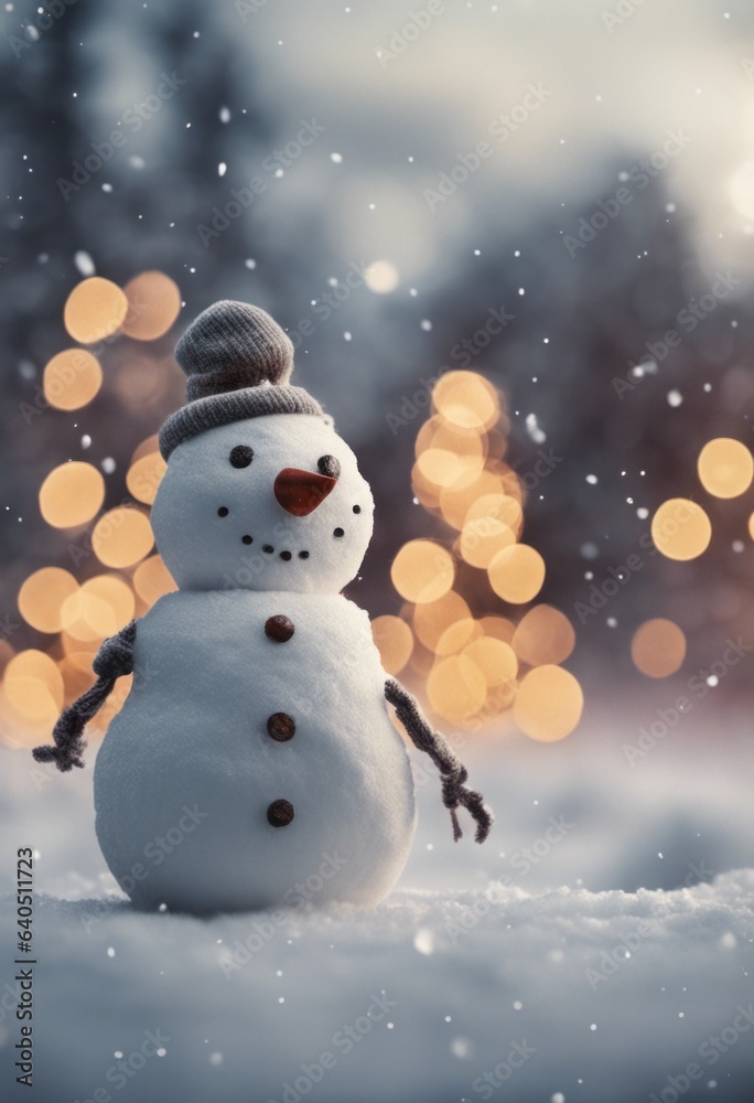Merry Christmas Poster With a Cute Snowman Outdoors in Winter