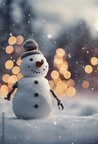 Merry Christmas Poster With a Cute Snowman Outdoors in Winter © StayWeird
