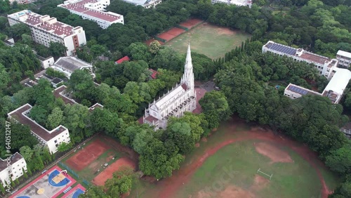 Aerial footage of Christ the king church located in Loyola College Chennai. The name Loyola comes from the ancestral castle where Íñigo López de Loyola was born in 1491. photo