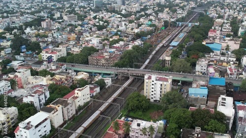Aerial video of Kodambakkam Bridge is a road overbridge in the city of Chennai, India. Train crossing Opened in 1965, it is one of the oldest overbridges in the city. photo