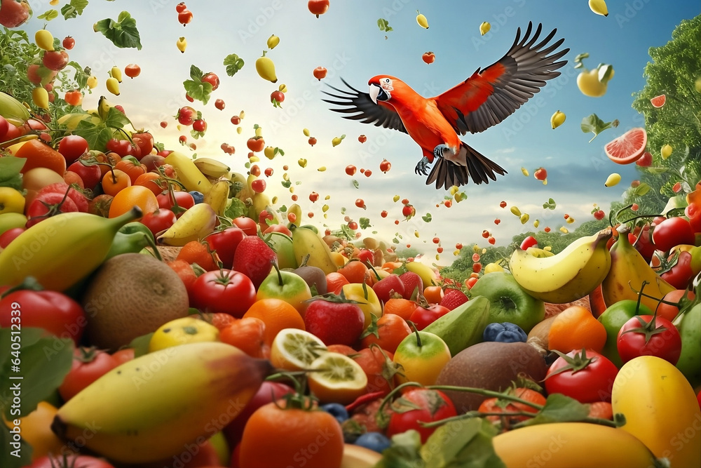 A load of food, colorful fruits and a parrot bird animal. Generated AI